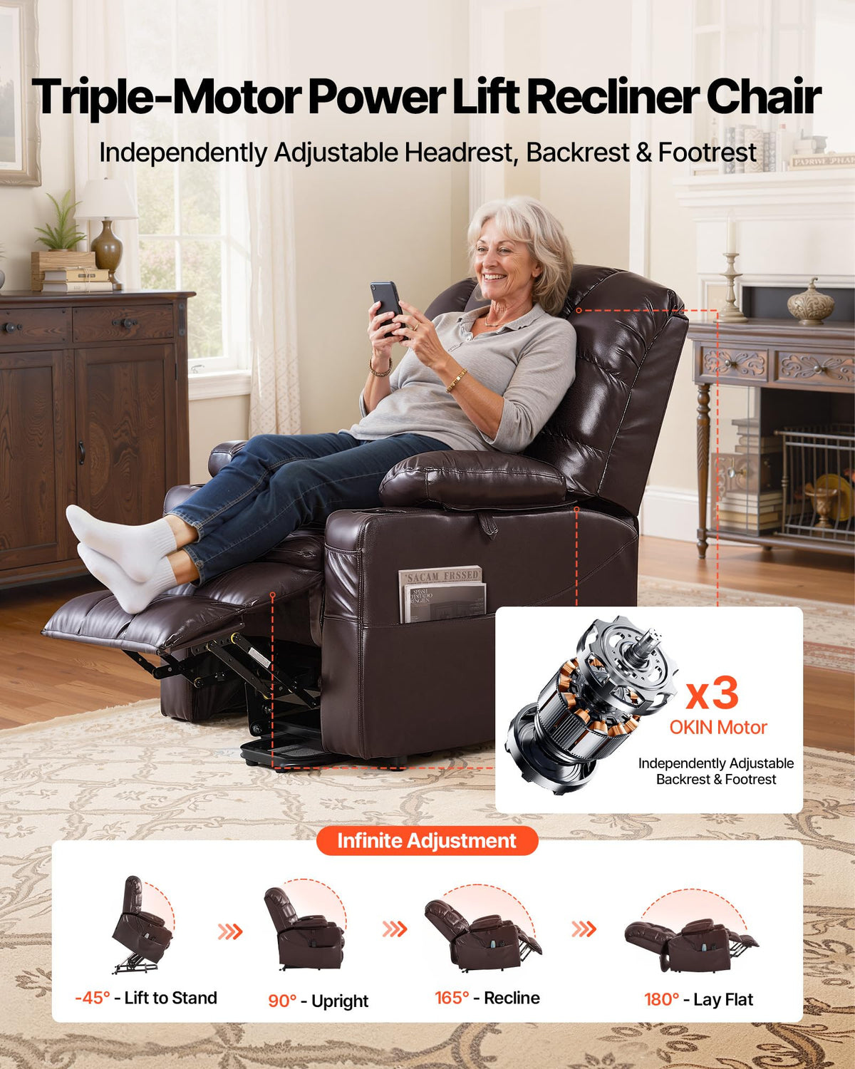 VEVOR Triple Motor Power Lift Recliner Chair, Large Lift Chair with Heat and Massage for Elderly, Position Adjustable, Leather Surface with Storage Pockets and Cup Holders, Brown