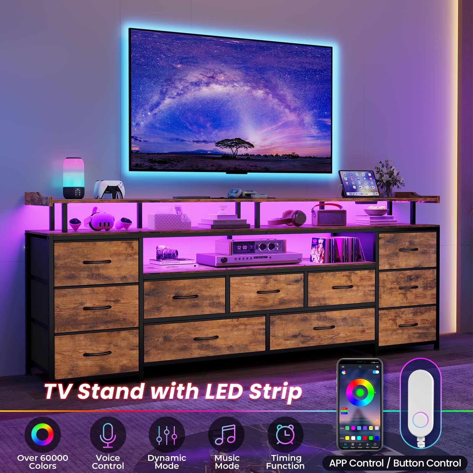 ADORNEVE TV Stand for 65 Inch TV, 63" W Large Entertainment Center with LED Lights & Charging Station, Long Dresser with 11 Fabric Drawers & Open Shelves for Bedroom,Living Room,Rustic Brown