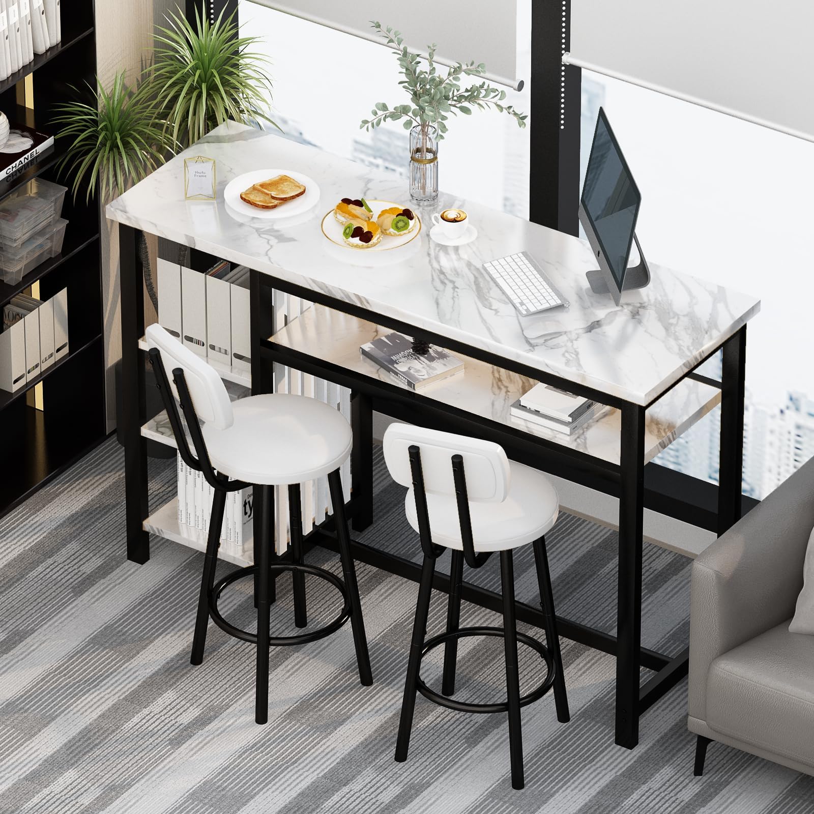 AWQM 3-Piece Bar Table and Chairs Set, Modern White Faux Marble Table with 2 PU Cushion Bar Stools, Kitchen Counter with 3 Tier Storage Shelves, Space Saving Table for Home & Kitchen, Black Frame