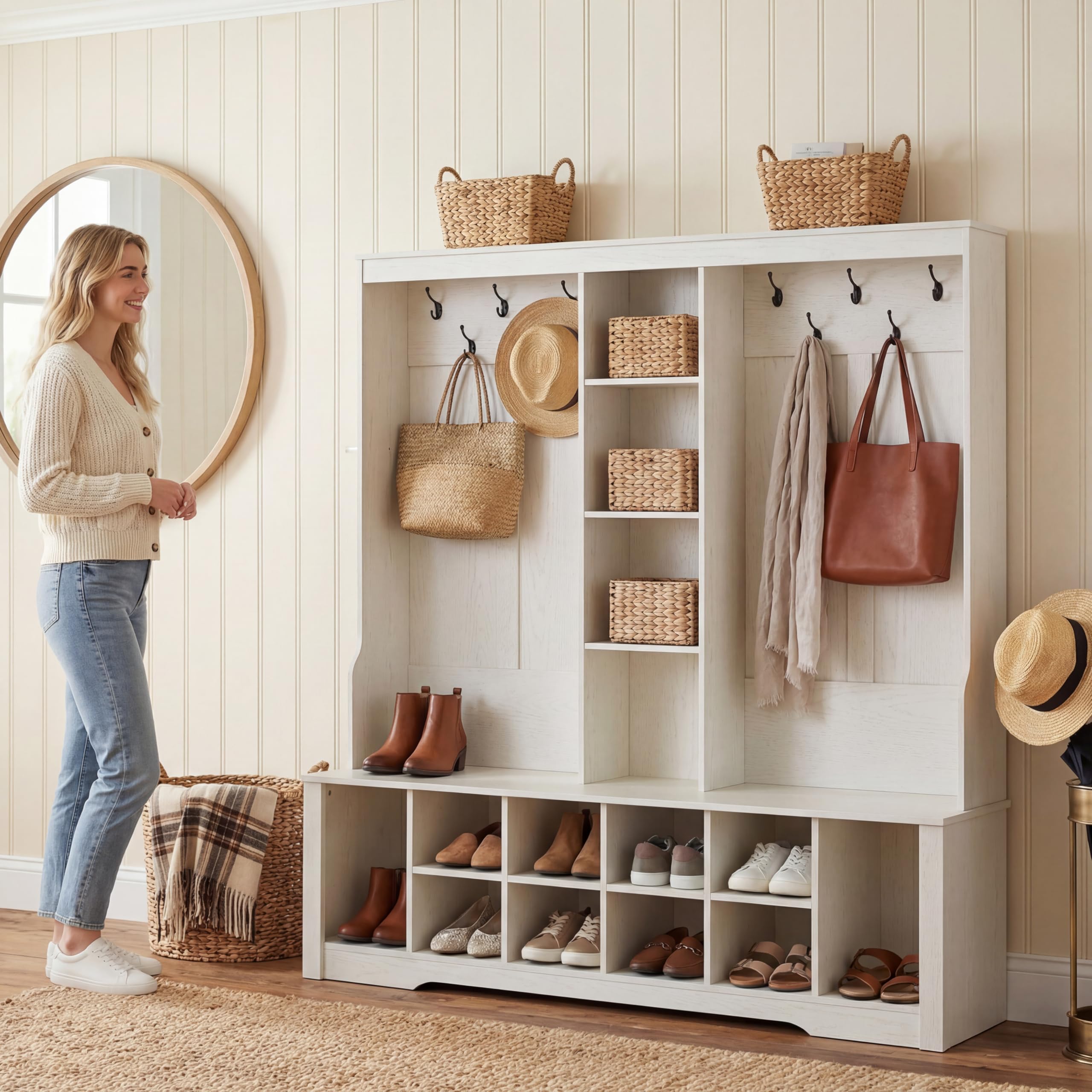 CasaGlajore 59” Hall Tree with Bench and Shoe Storage, Entryway Coat Rack with 10 Hooks & Open Shelves, Space Saving Hall Tree with 10 Shoe Cubbies for Hallway, Mudroom, Living Room