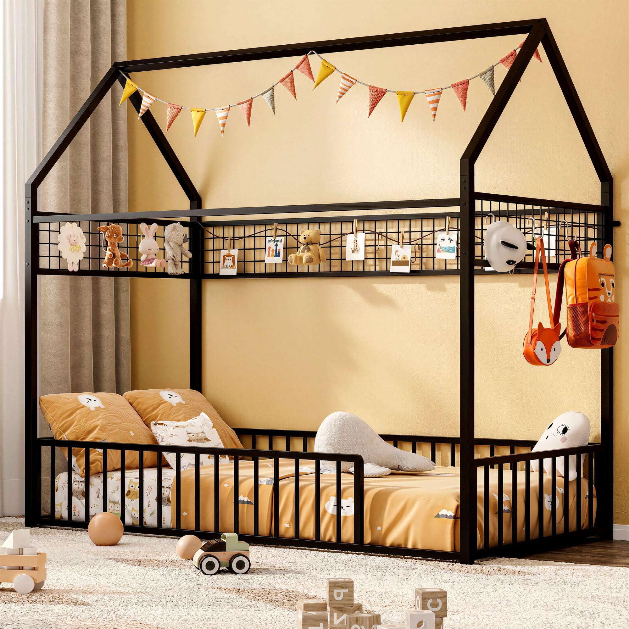 Twin Metal House Floor Bed Frame with Guardrails