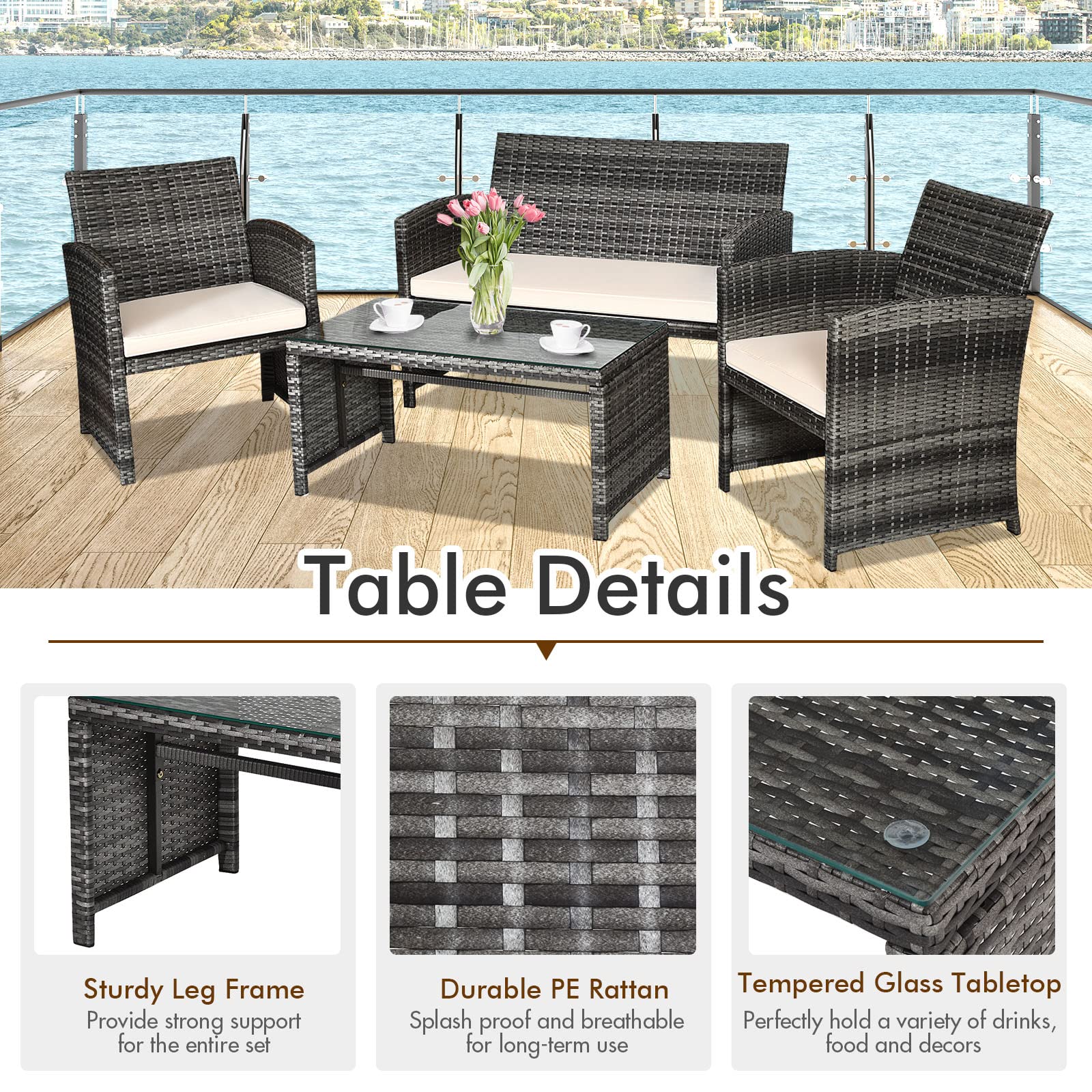 4-Piece Outdoor Rattan Patio Conversation Set