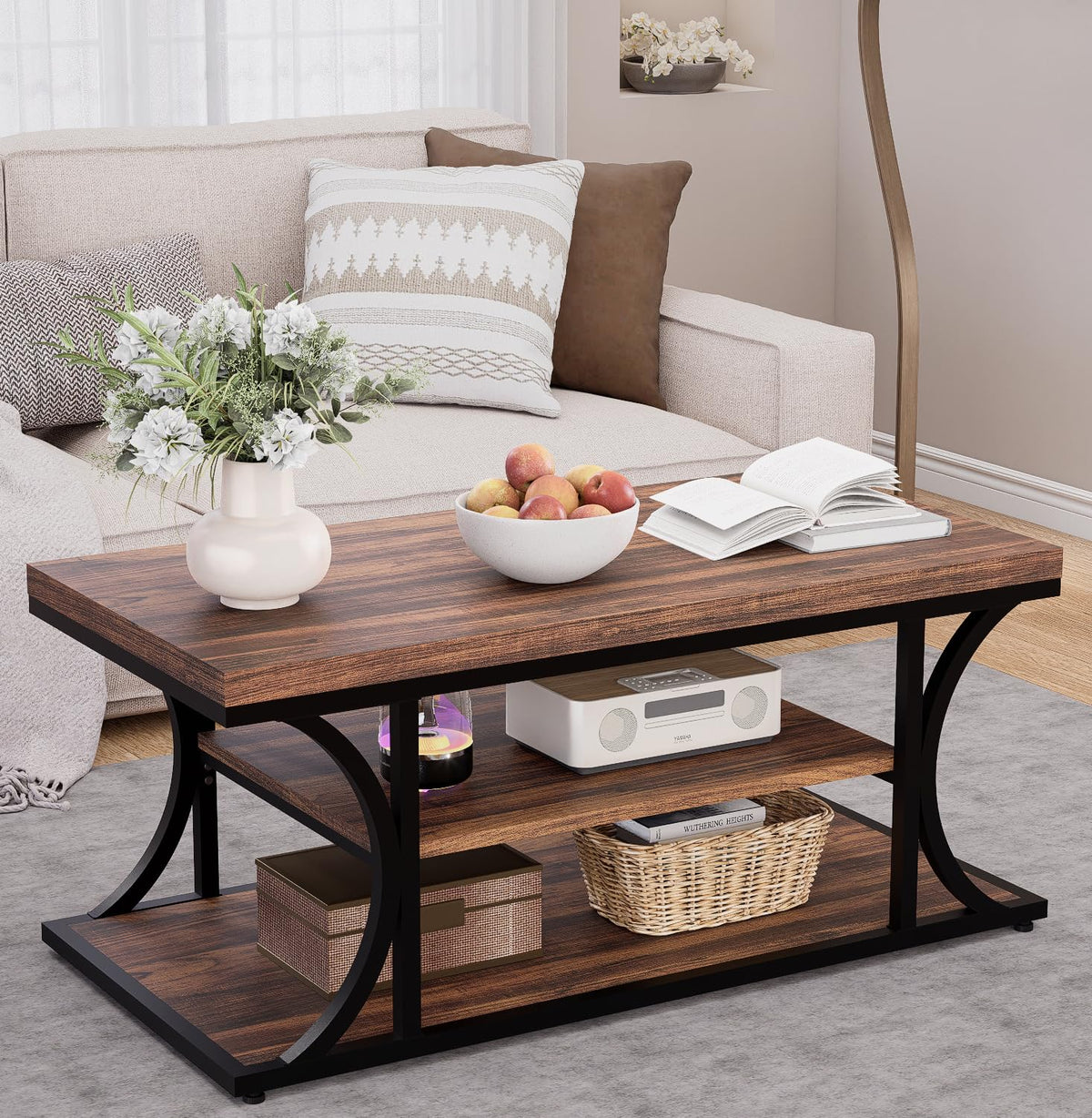 FUXJUM Coffee Table with Storage, 3-Tier Farmhouse Living Room Table