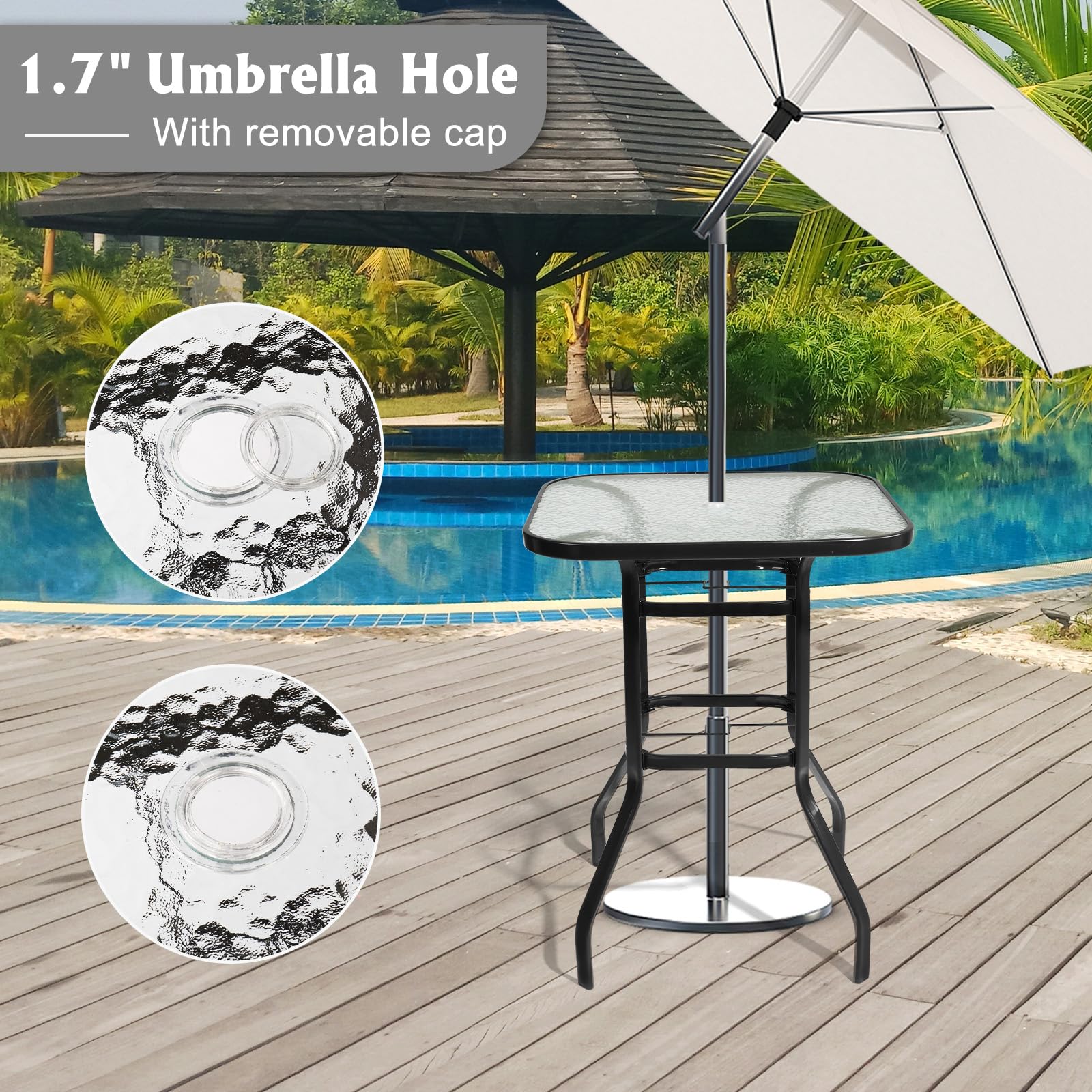 VINGLI Outdoor Bar Table with Umbrella Hole, Modern Black Metal Patio Bar Table, High Top Table for Outdoor Relaxation and Home Entertaining (Black, 31.5'x31.5'x40.3')