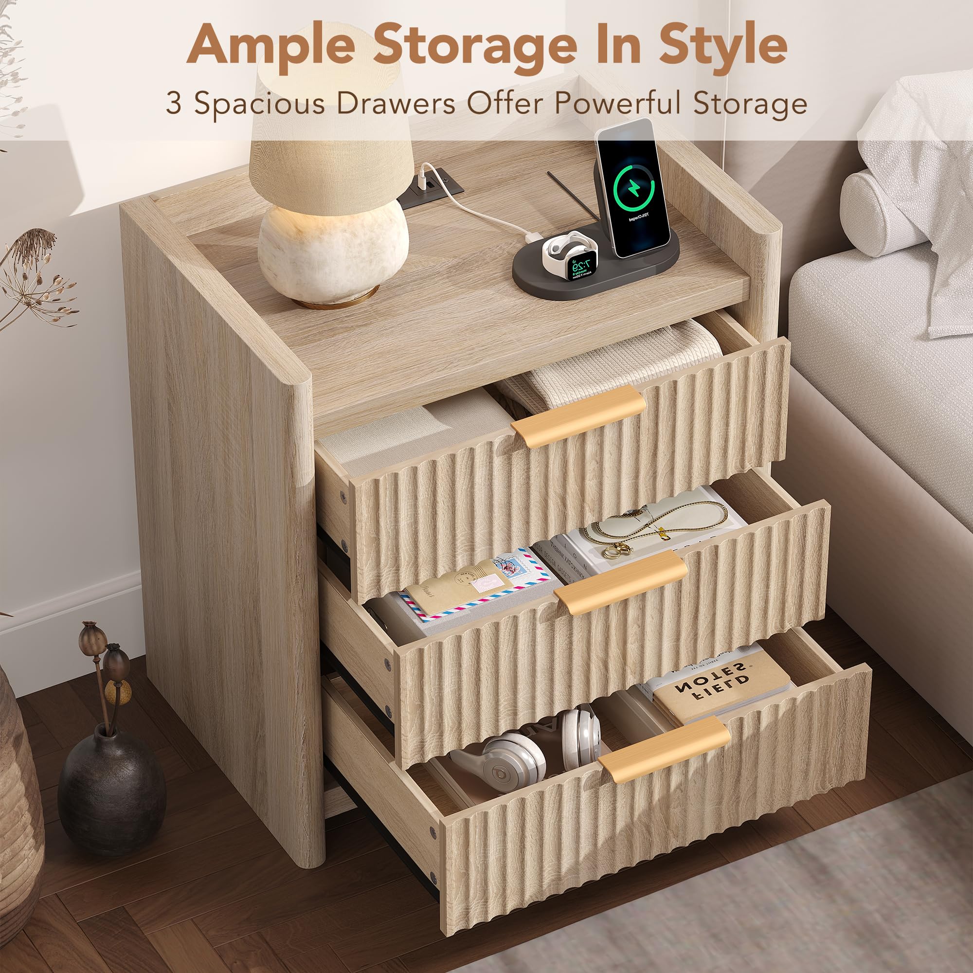 25.9" Fluted Nightstand with Charging Station, Large Bedside Table with 3 Storage Drawers and Metal Handle, Modern End Table for Bedroom, Home Office(Natural Oak)
