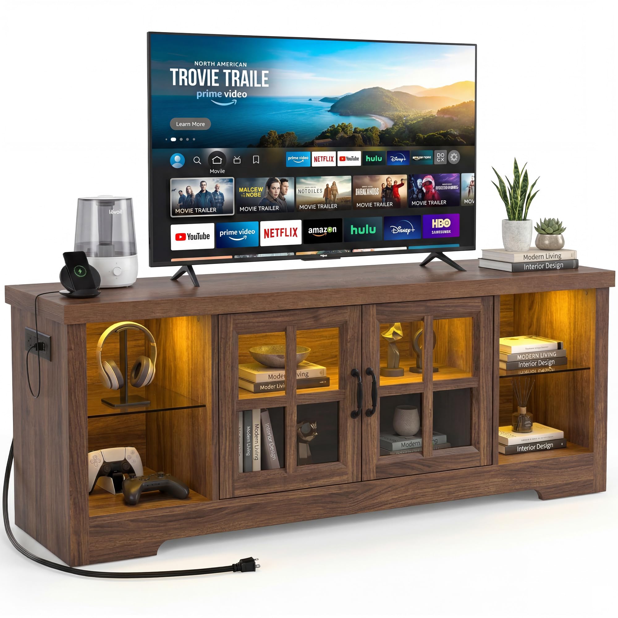 55" LED TV Stand with Charging Station & Adjustable Shelf
