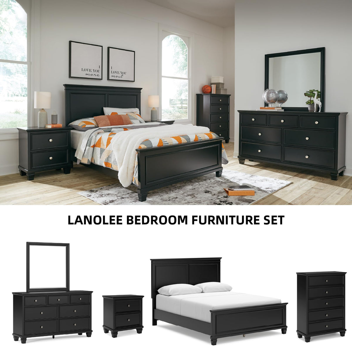 Black Two-Drawer Farmhouse Nightstand