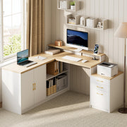 L-Shaped Desk with Storage Cabinet & Monitor Stand