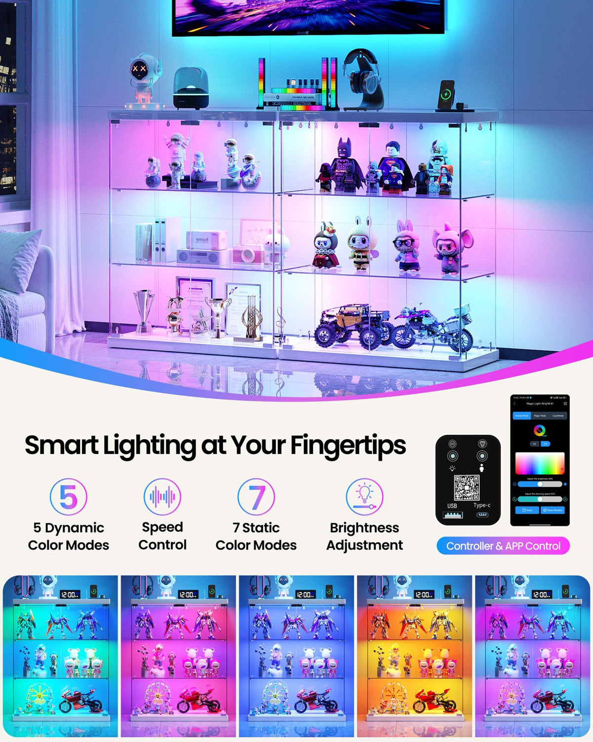 TAGELIER Glass Display Cabinet with Charging Station, RGB LED Lights, White