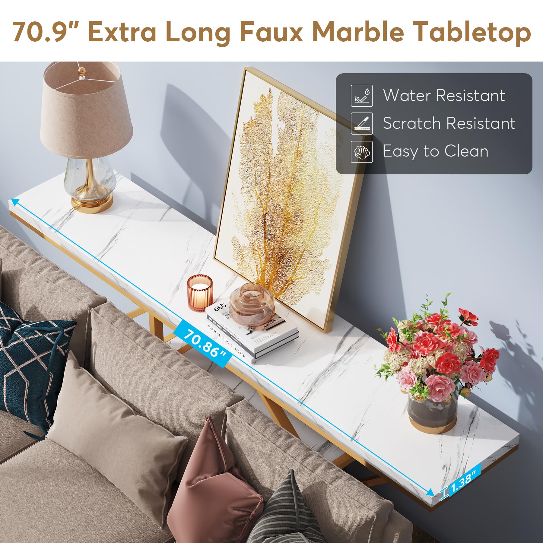 Tribesigns 70.9 inch Extra Long Console Table, Modern Gold Sofa Table Behind Couch with Storage, 4 Tier Entryway Accent Table for Living Room, Hallway, Entrance, Faux Marble White