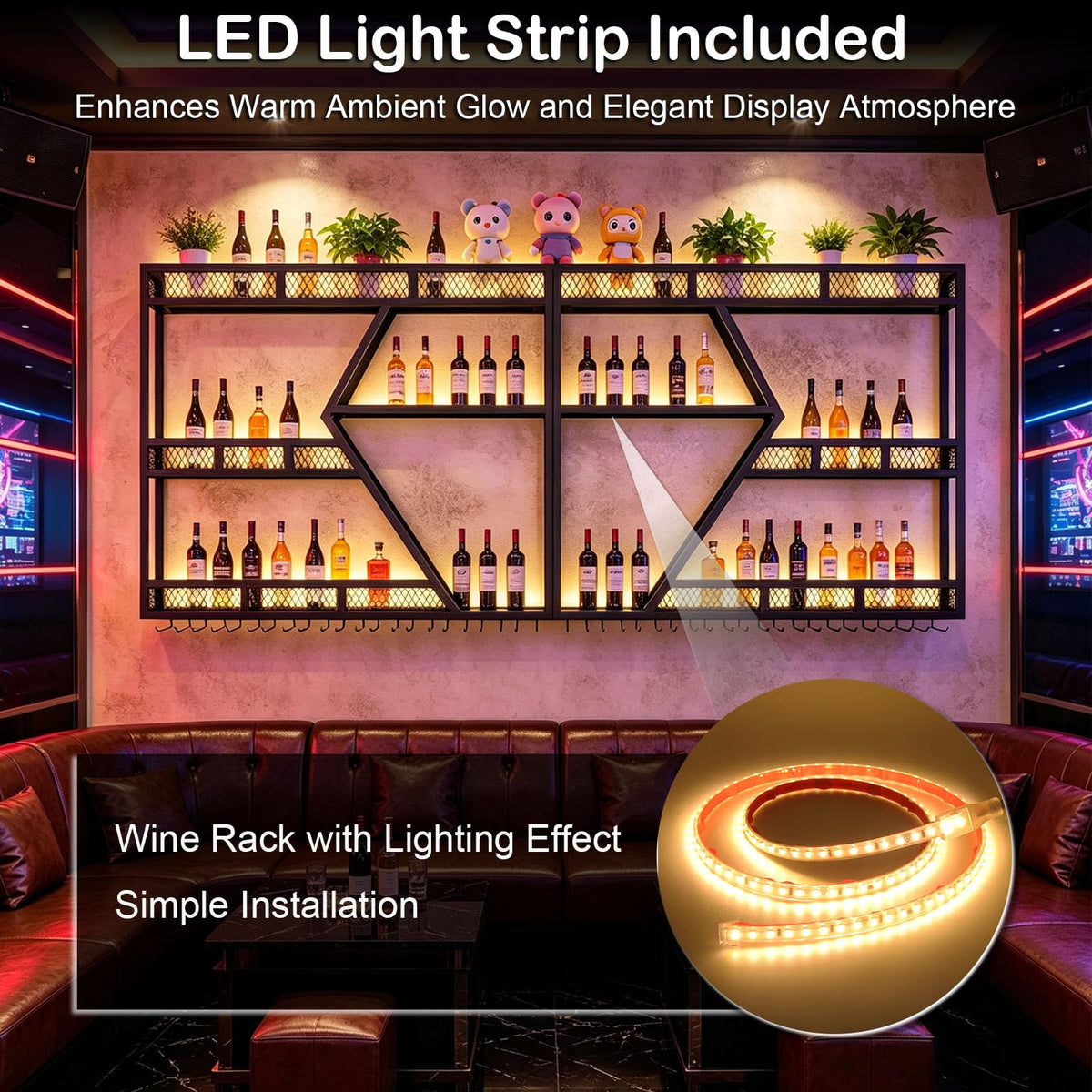 Wall-Mounted Wine Rack with LED Light