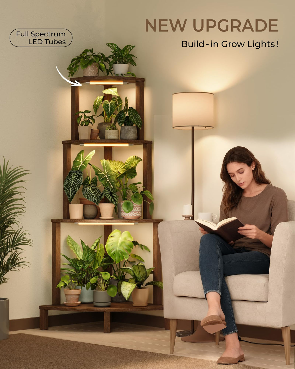 4-Tier Corner Plant Stand with Grow Lights