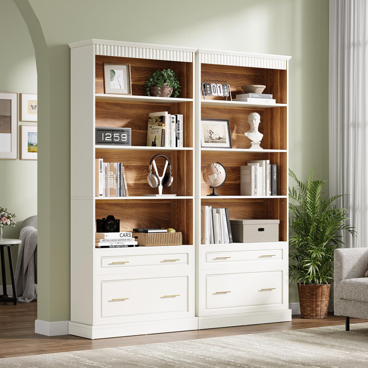 White 5-Shelf Bookcase Set with Drawers