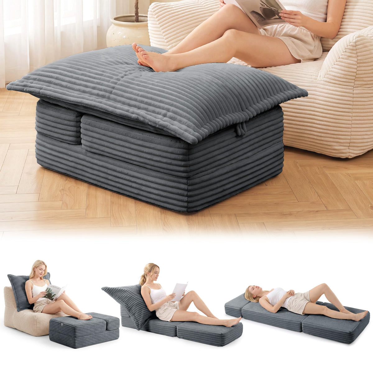 BALAPET Foldable Corduroy Boneless Ottoman, Convertible Folding Sofa Bed