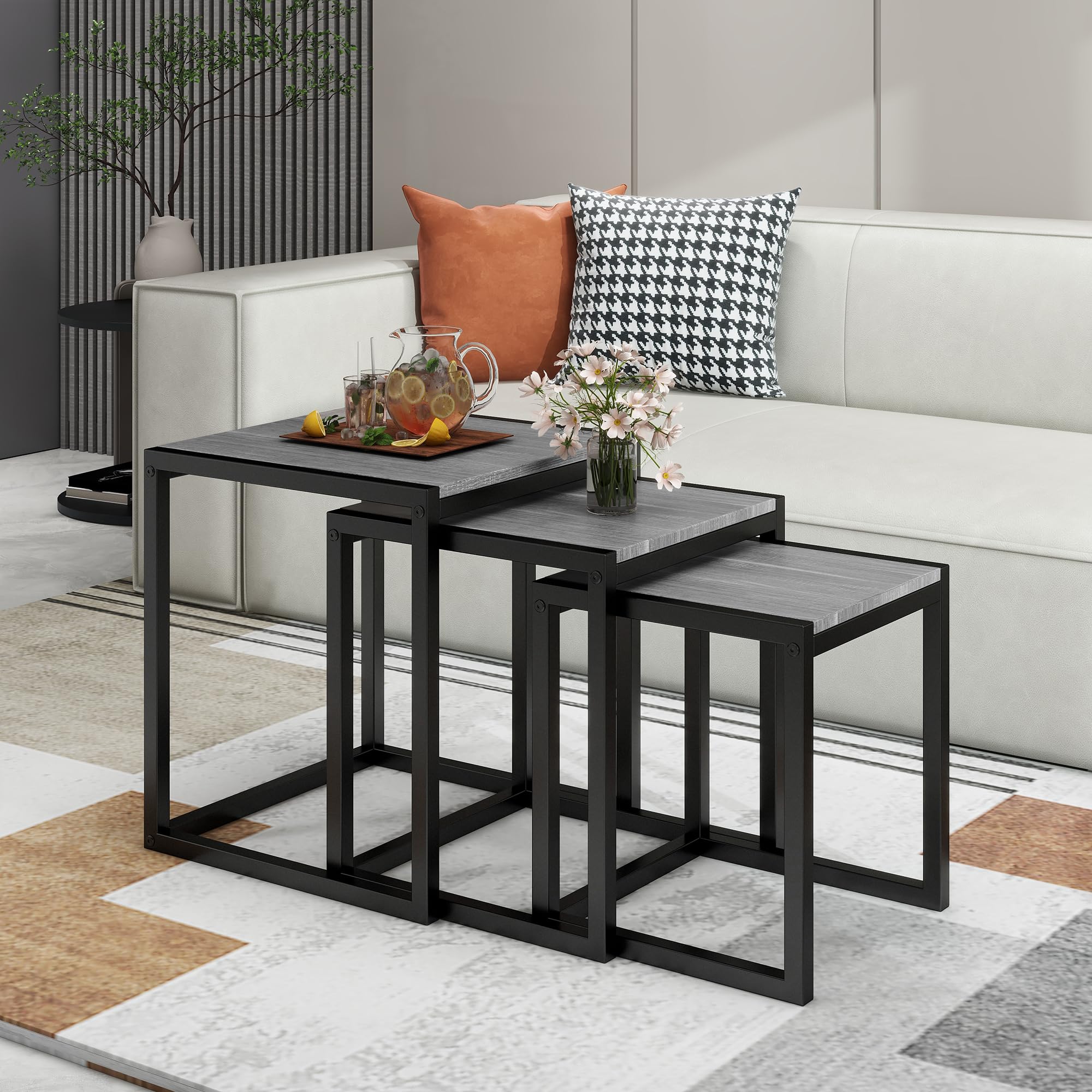 Nesting Side Table Set of 3 with Metal Frame