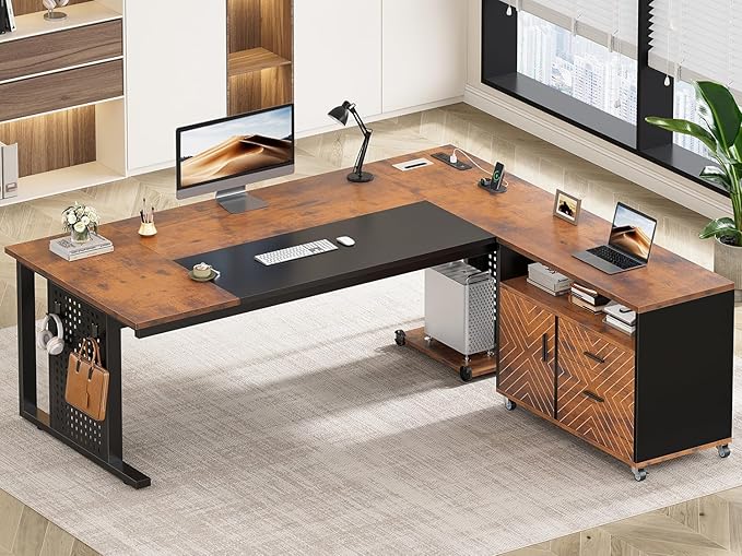 L-Shaped Executive Desk with Rolling File Cabinet