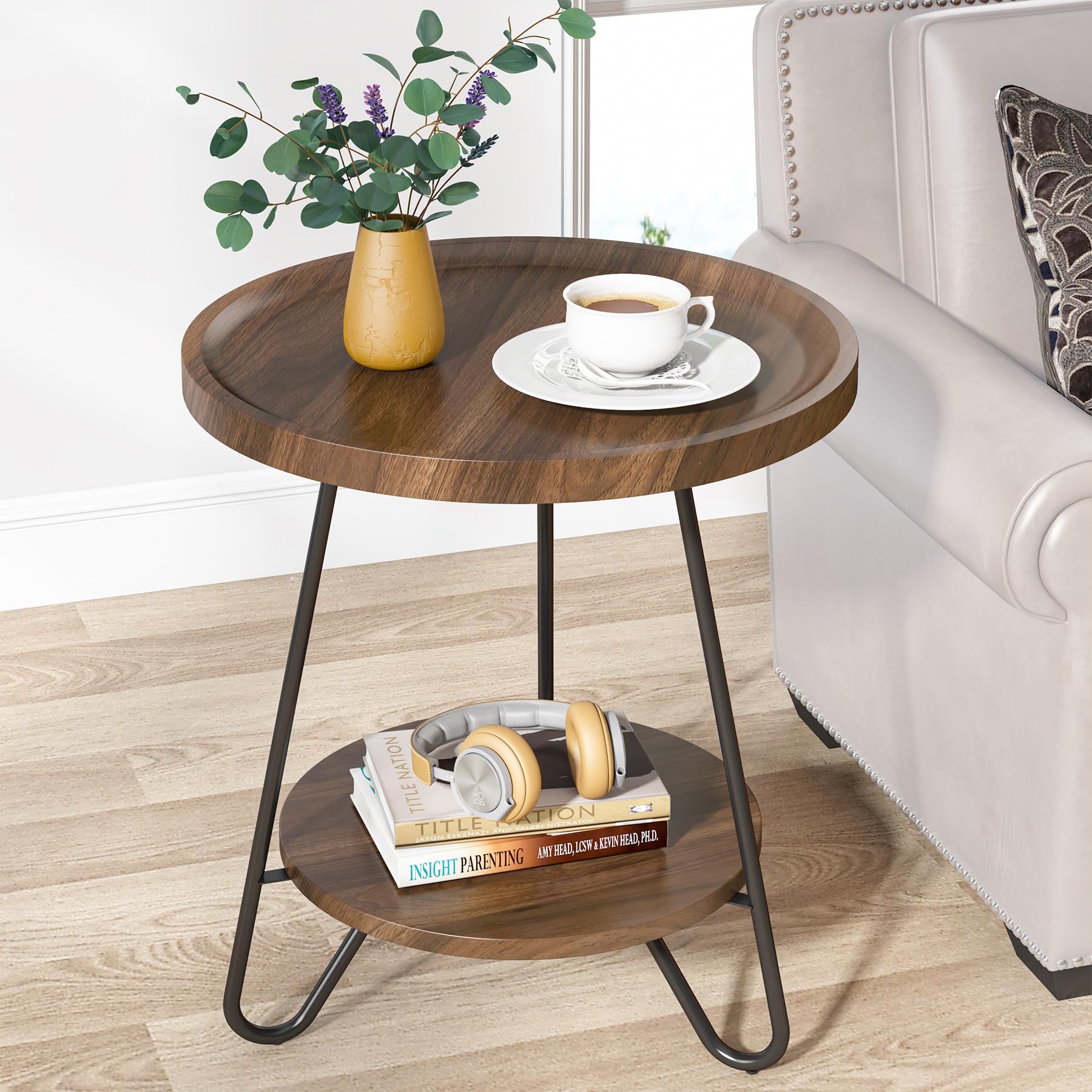 Tribesigns Round Side Table, 2-Tier End Table with Metal Legs, Modern Industrial Beside Table, Small Accent Table Snack Table for Living Room, Bedroom, Small Space, Easy Assembly, Brown