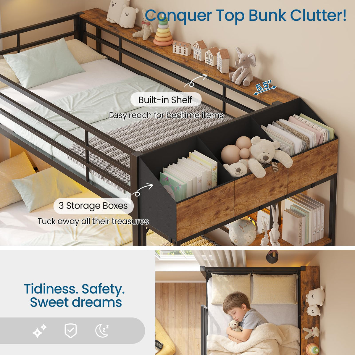 Twin Bunk Bed with Storage & LED Lights