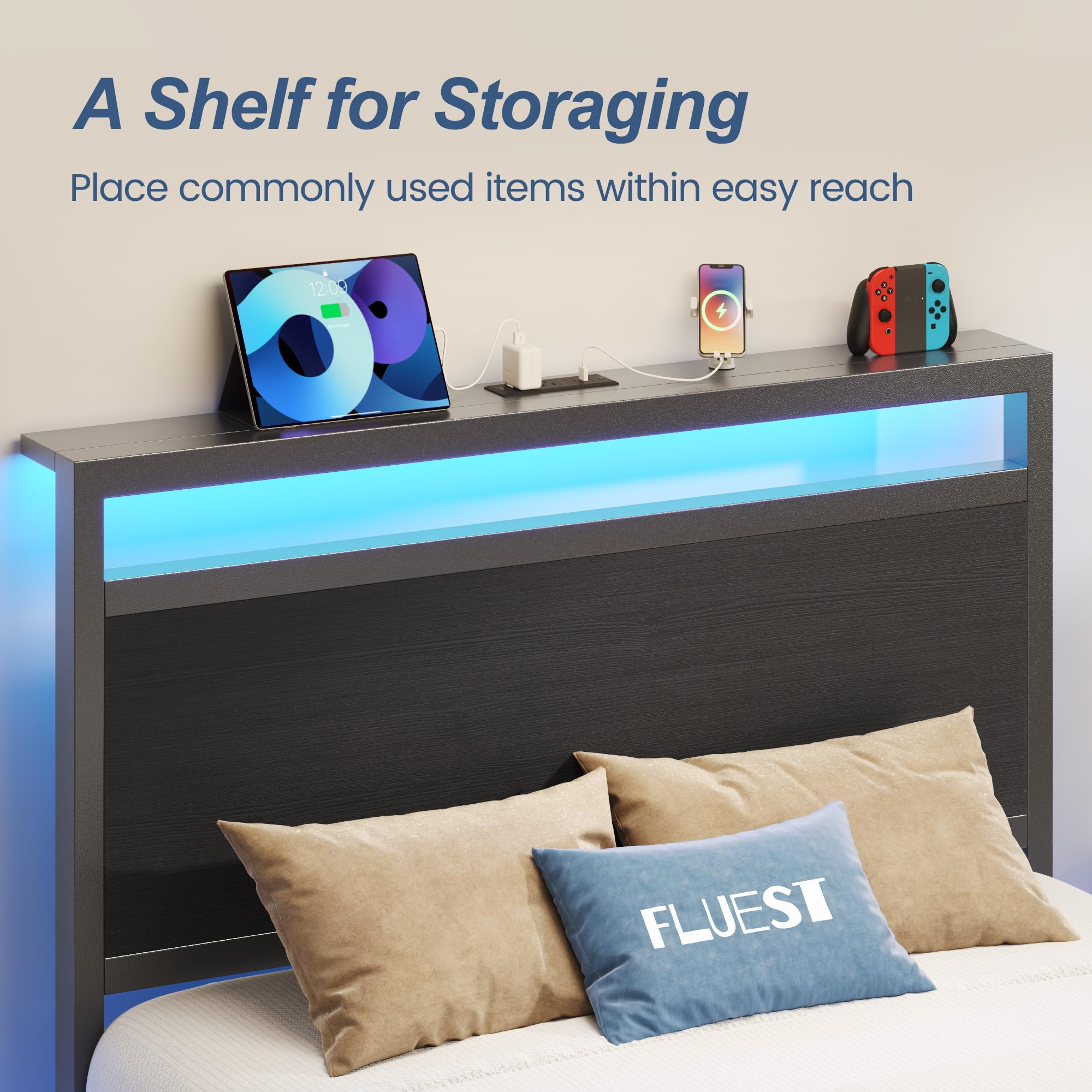 Twin Bed Frame with Storage Headboard, LED Lights & Charging Station