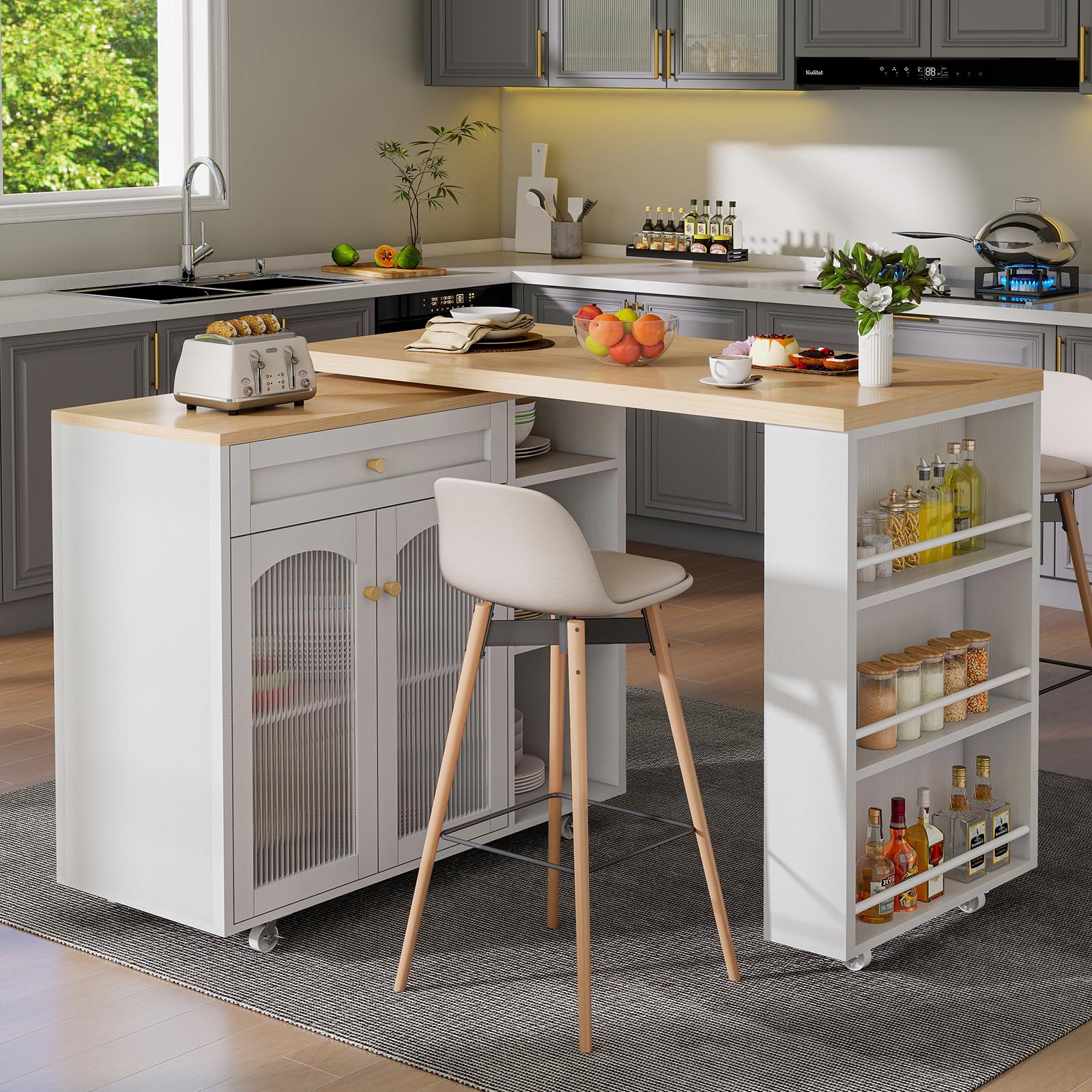 Rolling Kitchen Island with 360° Rotating Tabletop