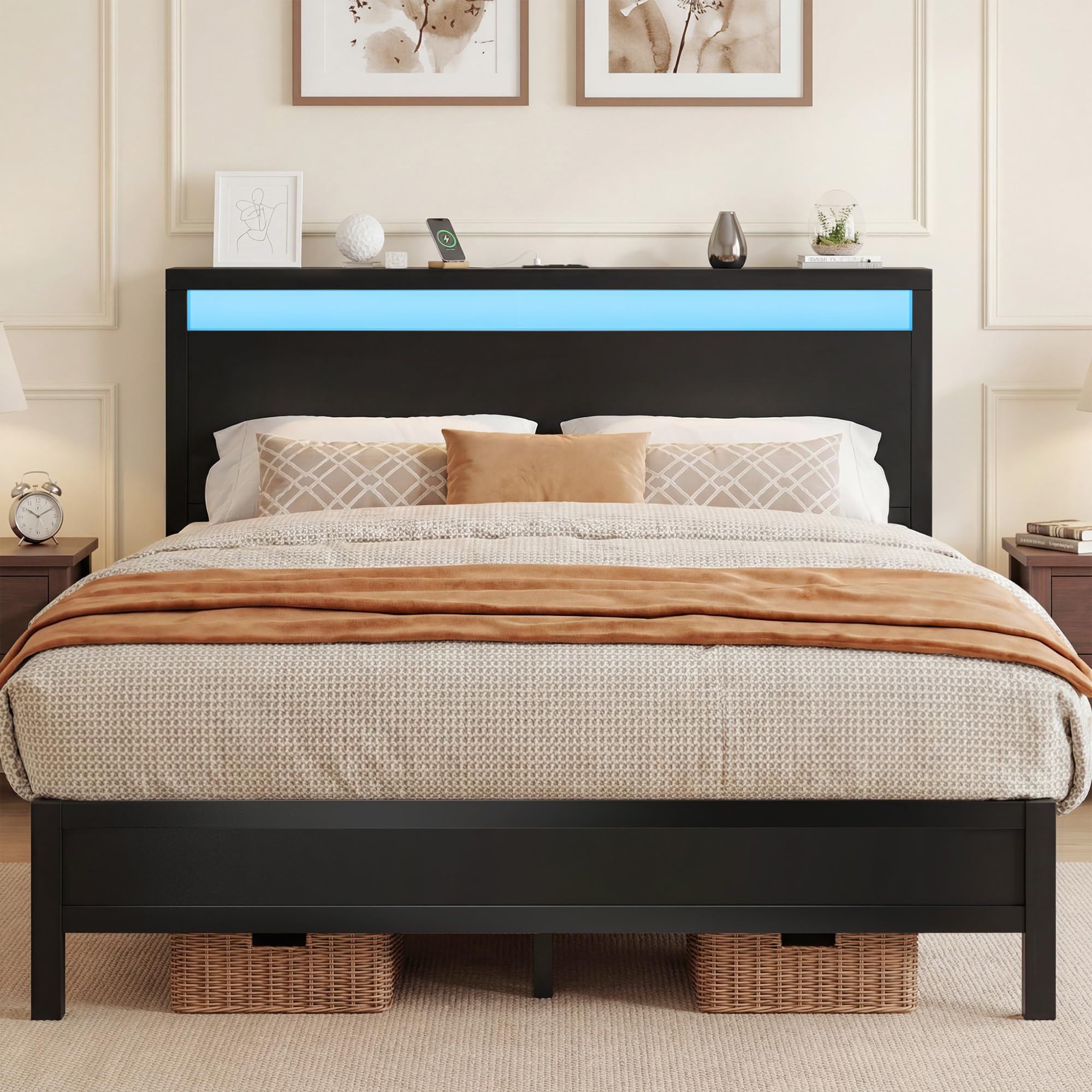 Queen Bed Frame with LED Headboard & Built-in Charging Station
