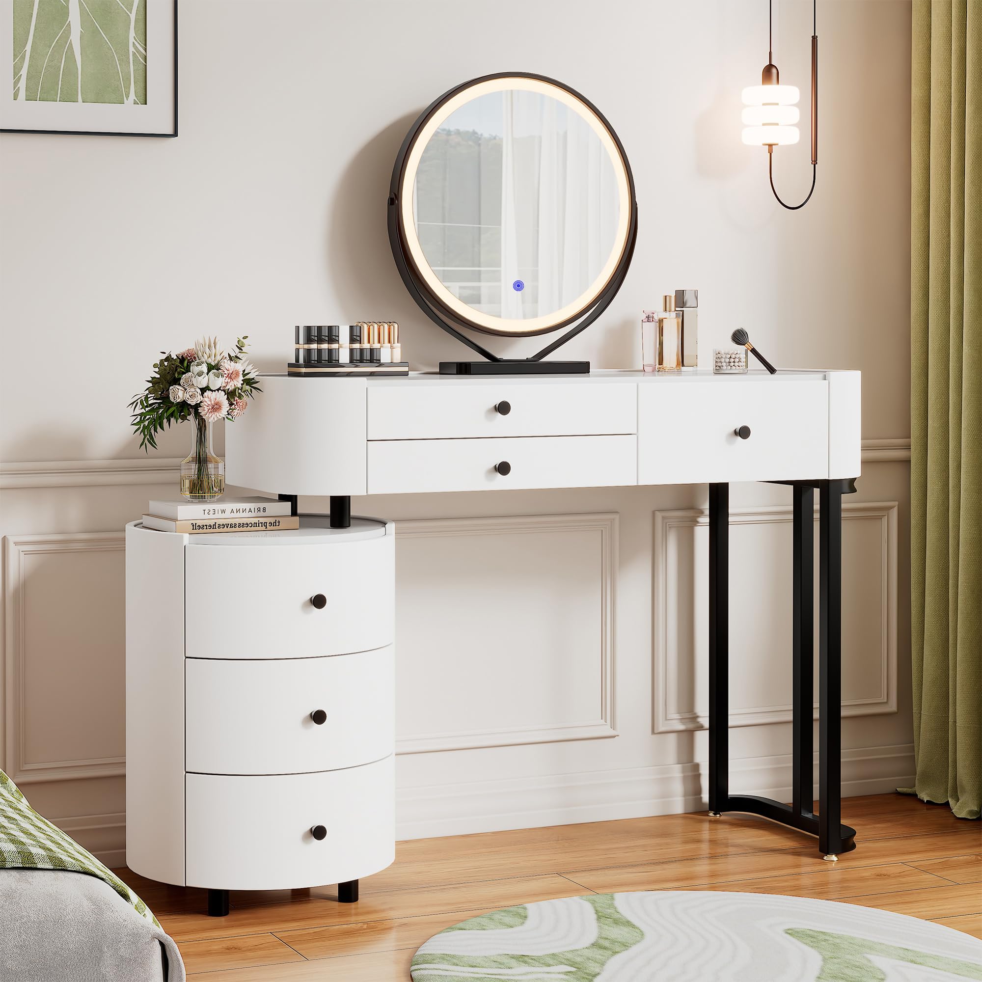 KDCAS Modern Vanity Desk with Mirror and Lights | Faux Leather Makeup Vanity with 5 Drawers | Round Reversible Side Cabinet for Small Spaces 38.38-46.45 in (White)