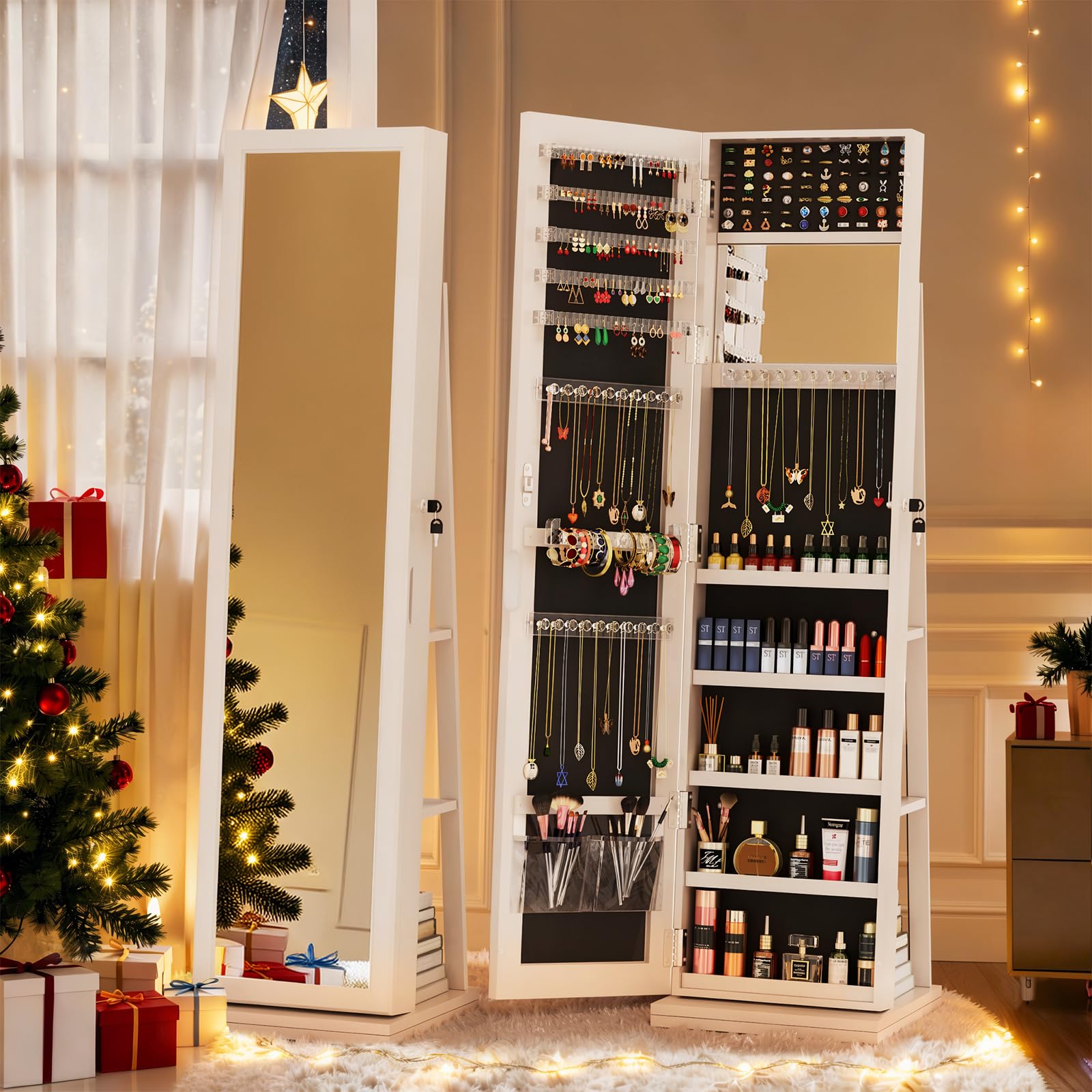 Lockable Jewelry Armoire with Full-Length Mirror