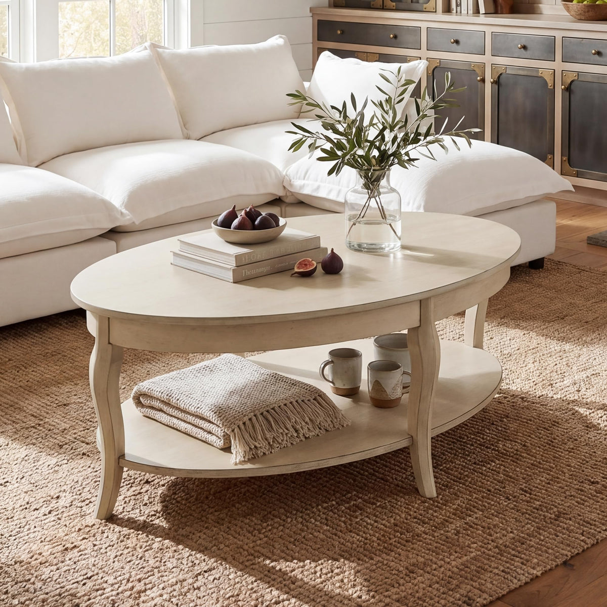 Faded White Oval Coffee Table with Storage