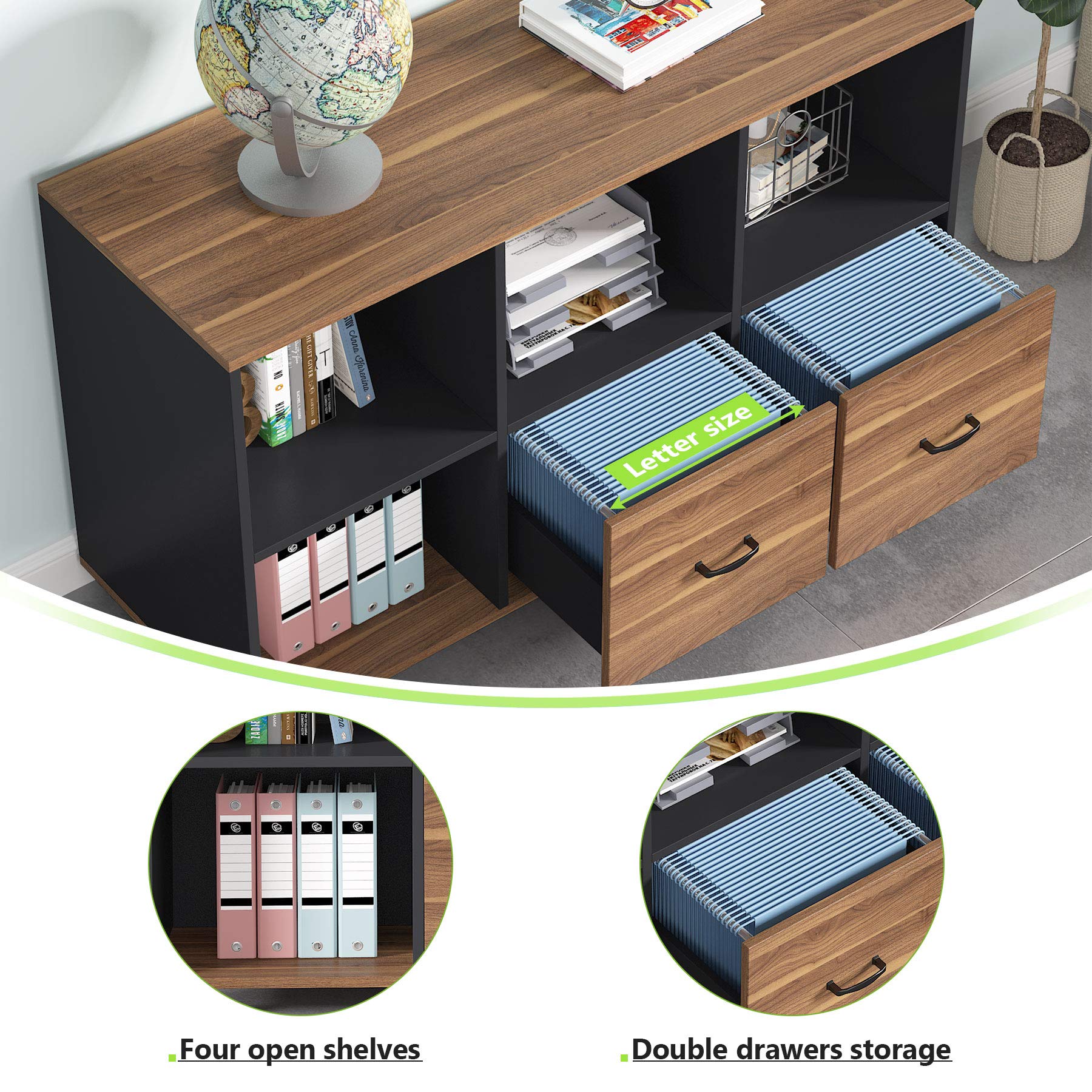 Mobile Lateral File Cabinet with 2 Drawers & Open Shelves