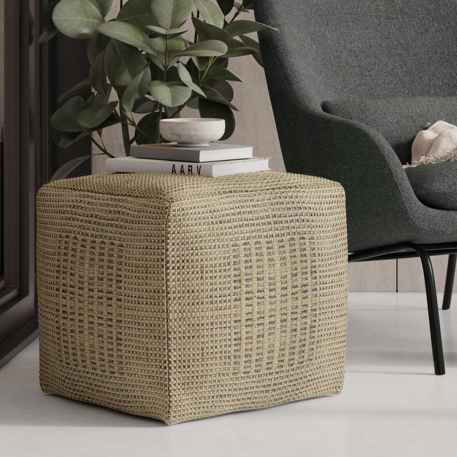 SIMPLIHOME Delilah Square Pouf - 18 inch Wide Handwoven Jute Ottoman in Natural, Contemporary Footstool or Extra Seating for Living Room, Bedroom, or Kids Room with Polystyrene Filling, Assembled
