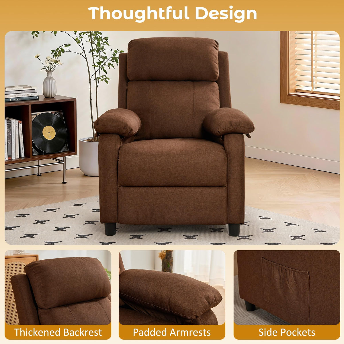 Korser Recliner Chair, Reading Chair for Adults with Side Pockets, Recliners with Padded Deep Seat, Small Recliners for Small Spaces, Linen Fabric Comfy Chair for Bedroom, Living Room, and RV