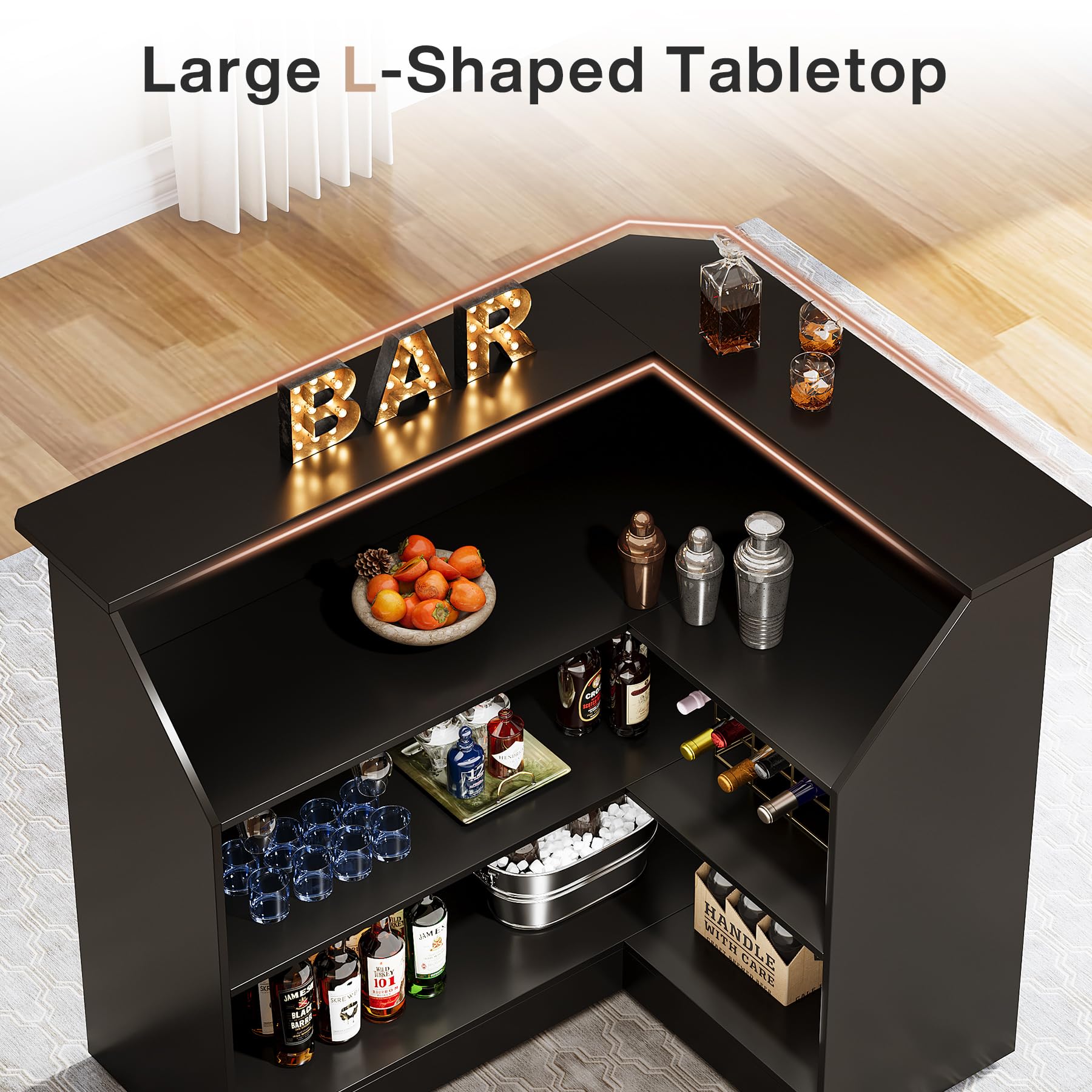 L-Shaped Corner Bar Cabinet with Stemware Racks