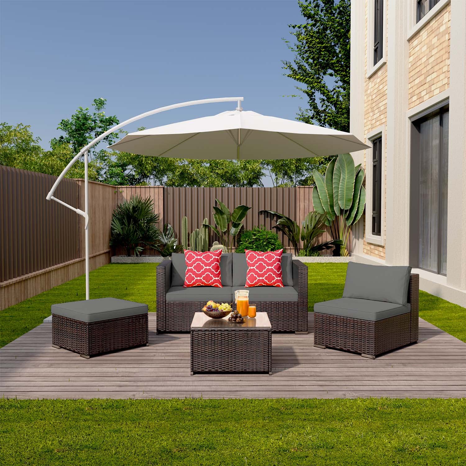 5-Piece Outdoor Wicker Sectional Set with Cushions & Glass Table