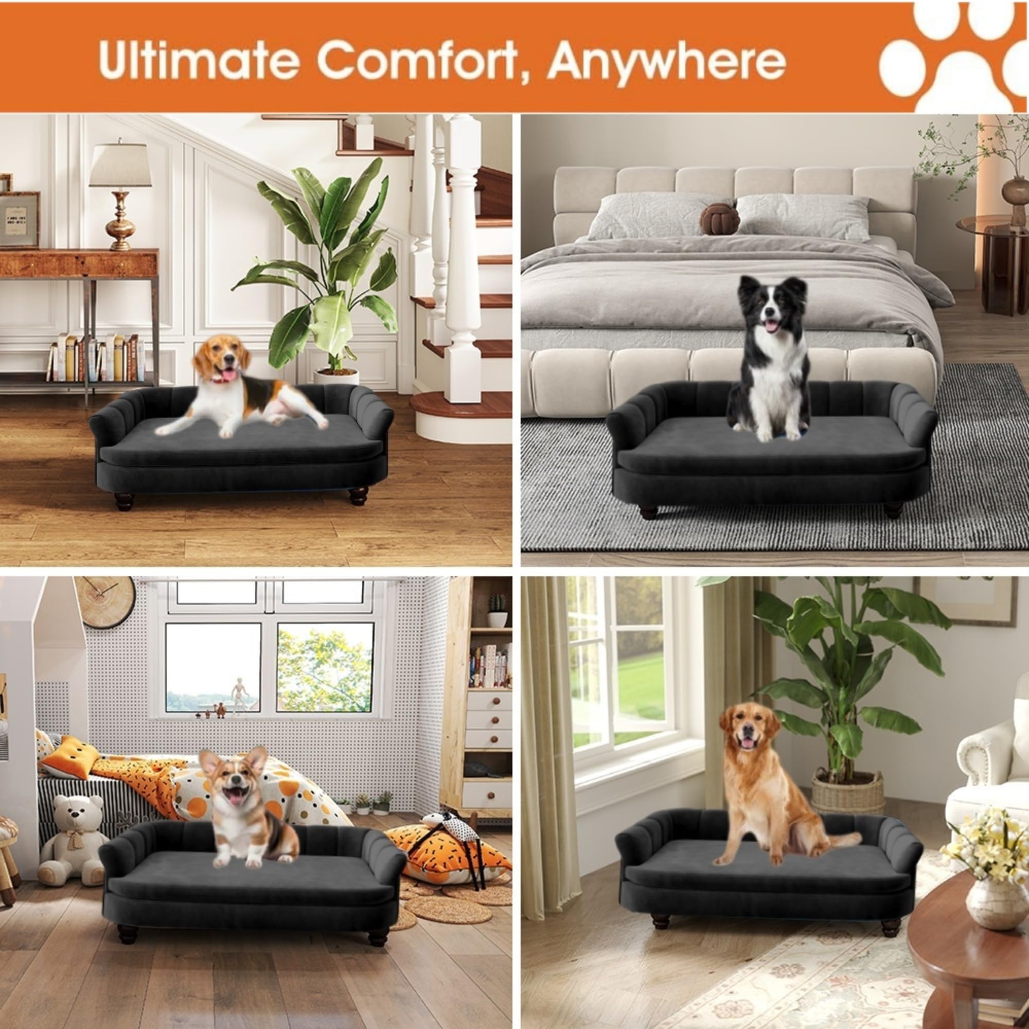 Large Dog Sofa Bed – Velvet, Wood Frame, Washable Cushion