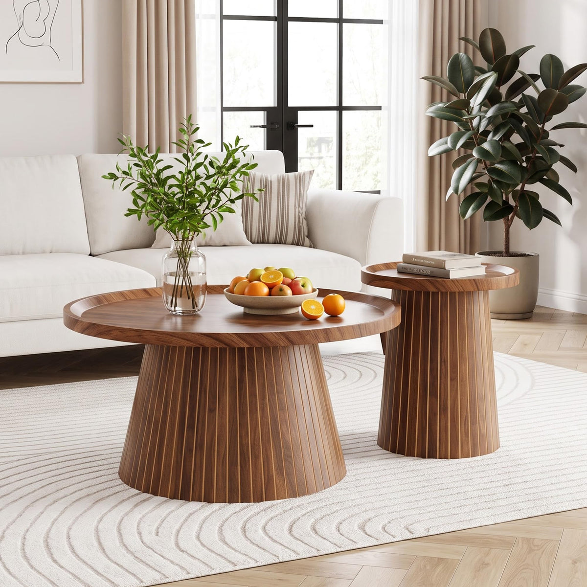 Zelurelle Nesting Coffee Table Set of 2, Circle Center Table Fluted Drum