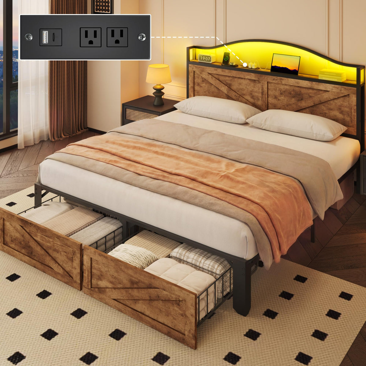 Lifezone Queen Bed with Farmhouse Storage Headboard, Queen Bed with 2 Storage Drawers and Fast-Charging Station and Led Light, No Box Spring Needed, Noise Free, Easy Assembly, Vintage Brown