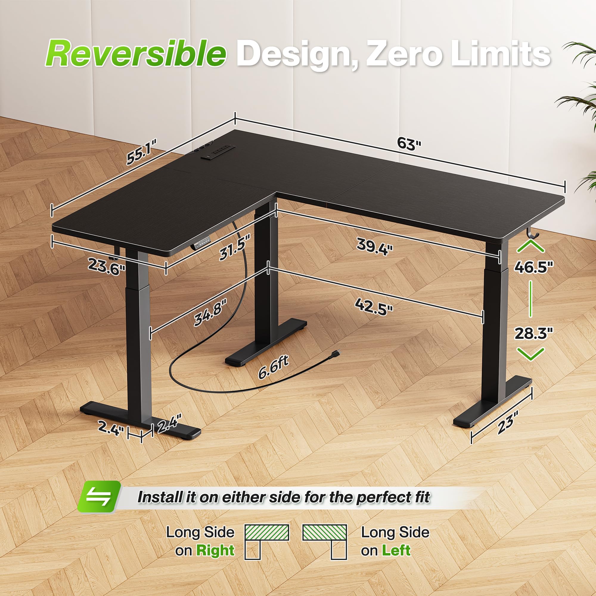 Huuger L Shaped Standing Desk with Power Outlets, 63 x 55 Inch Height Adjustable Computer Desk for Bedroom, Corner Stand up Desk for Home and Office, Work and Study, Black
