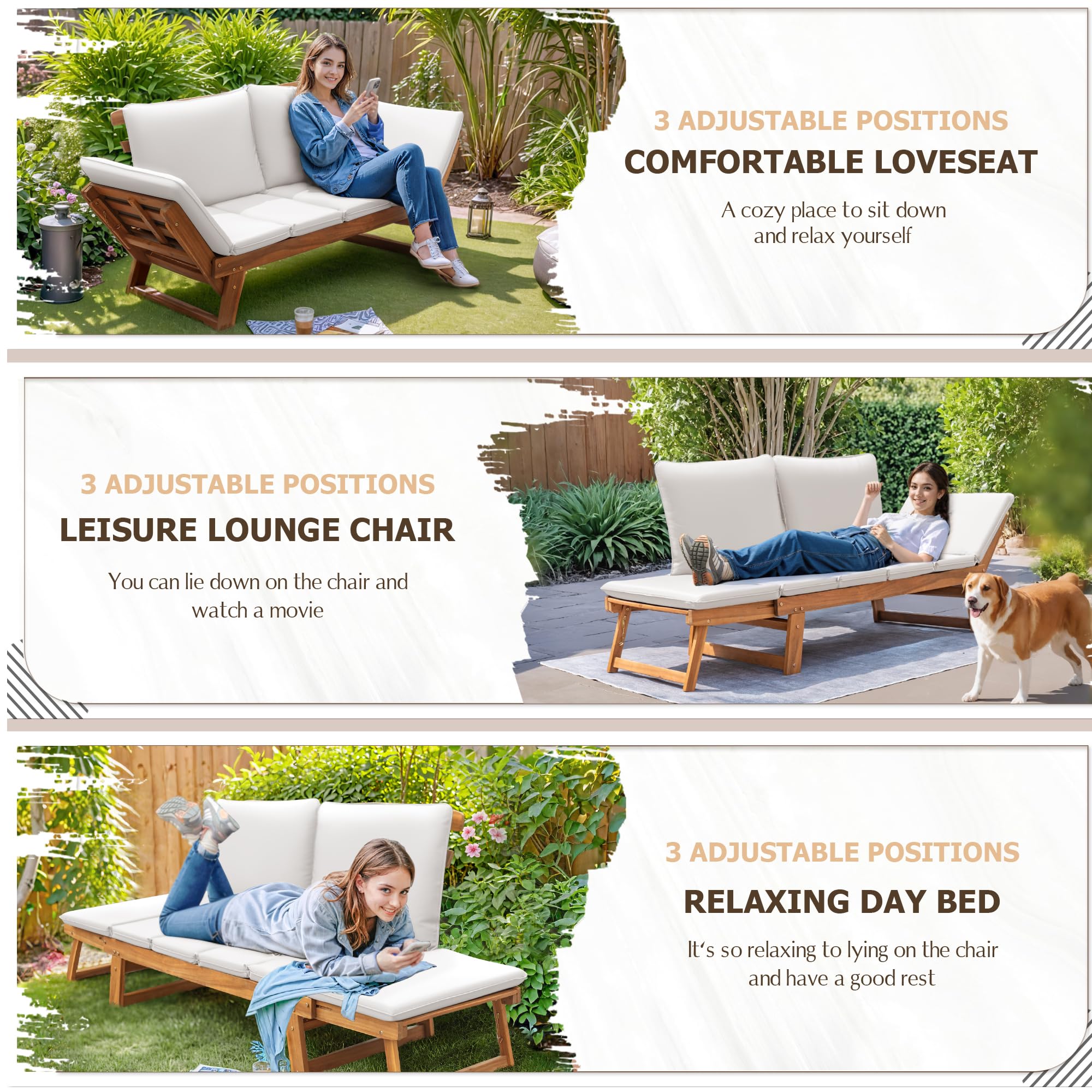 Acacia Wood Outdoor Convertible Sofa with Adjustable Backrest & Cushions