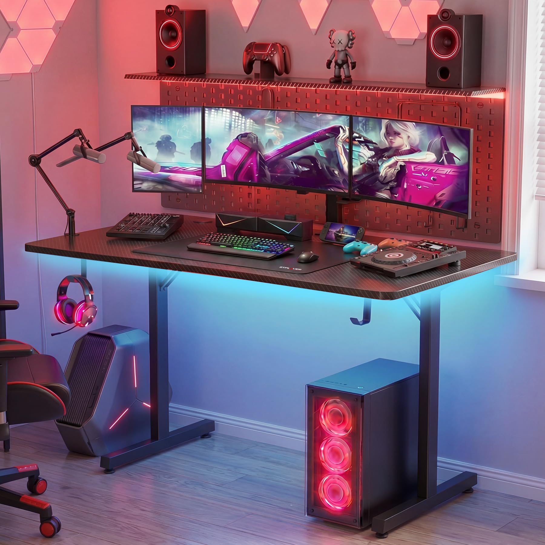 GTPLAYER 55 Inch Gaming Desk with LED Lights, Large Computer Desk with Mouse Pad for Home Office, T-Shaped Carbon Fibre Surface PC Game Workstations with Headphone Hook