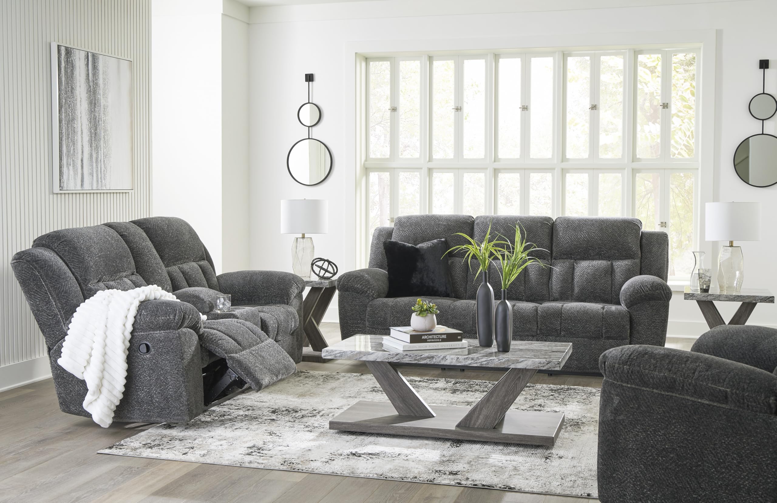 Signature Design by Ashley Frohn Contemporary Manual Reclining Loveseat with Console with Console, Storage and Cup Holders, Gray