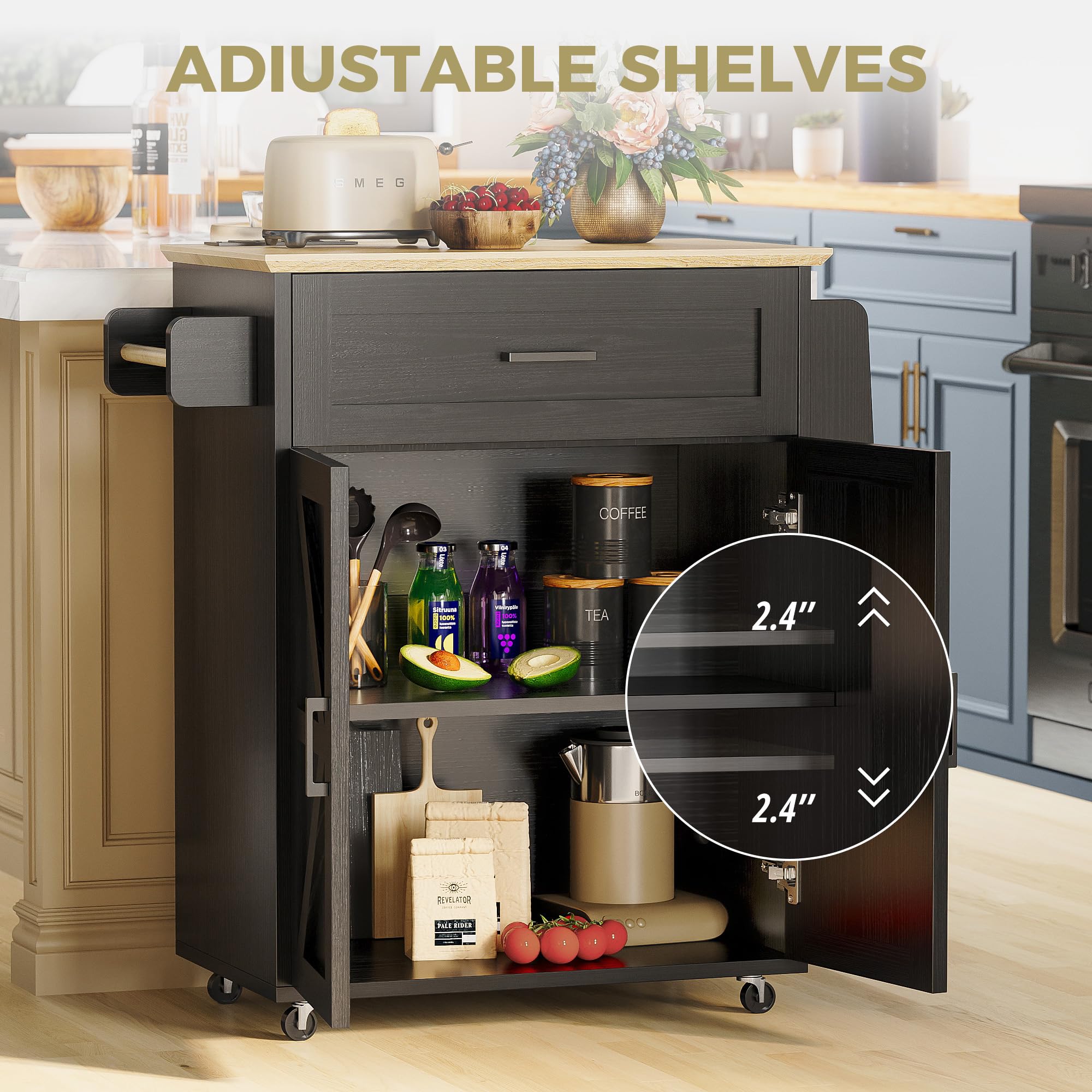 Kitchen Island Cart with Storage & Power Outlet