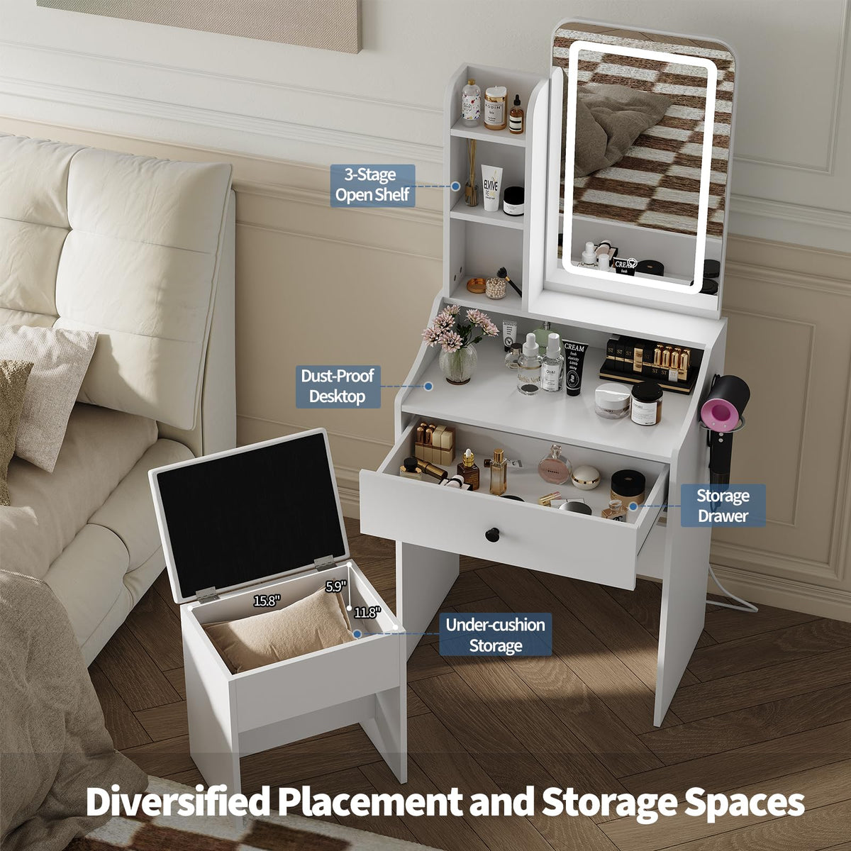 White LED Makeup Vanity with Storage Stool