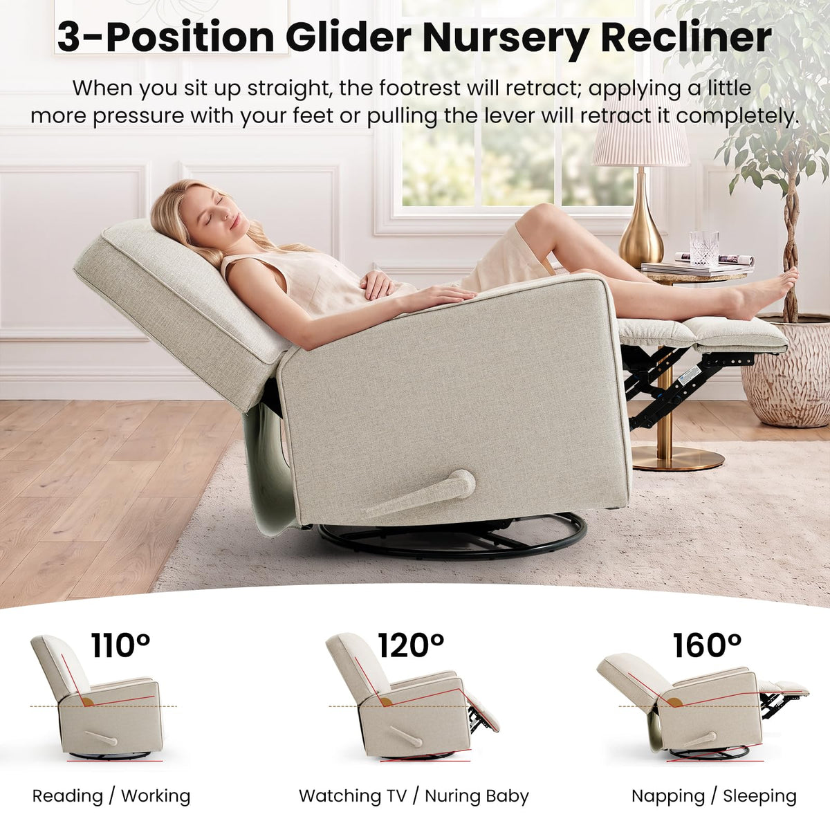 Harkawon Swivel Rocker Recliner Chair, Glider Rocker Recliner, Beige