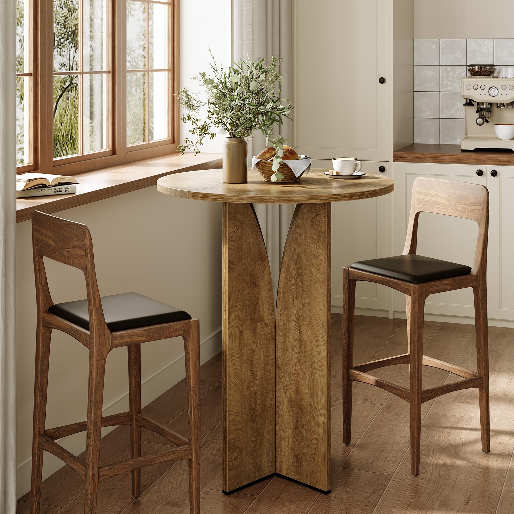 LITTLE TREE Round Bar Table, 31.5 Inches Counter Height Cocktail Table, Wooden High Top Home Bar Unit for Pub, Bistro, Home, Kitchen, Dining Room, Small Space, Brown