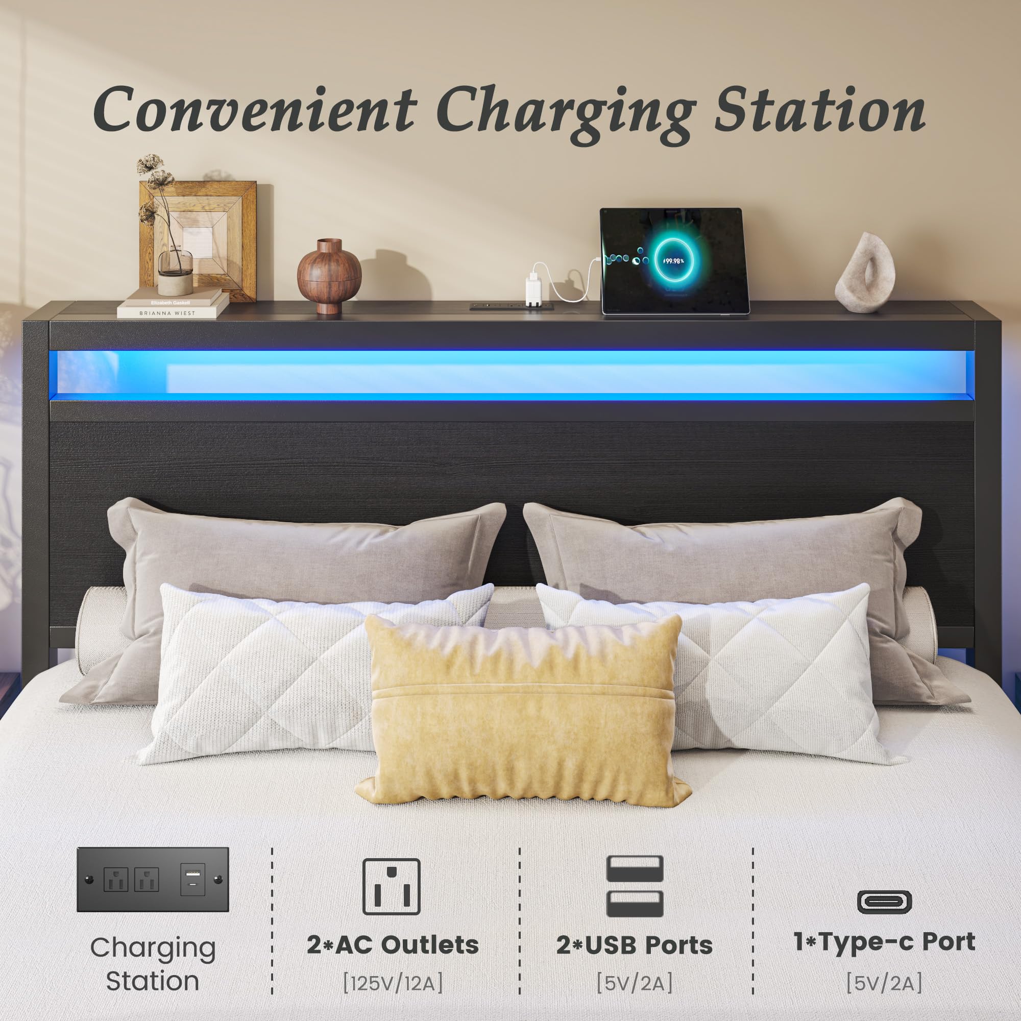 HISOFT Queen Bed Frame with Storage, Wood Headboard with Fast Charging Station, LED Lights, Platform Bed Frame Queen Size, Fabric Drawers with Wheels, No Box Spring Needed, Noise Free, Black