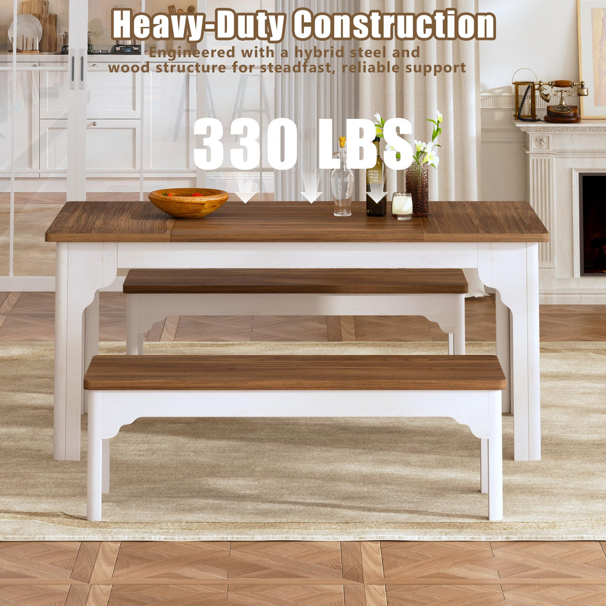Farmhouse Dining Table Set with Benches