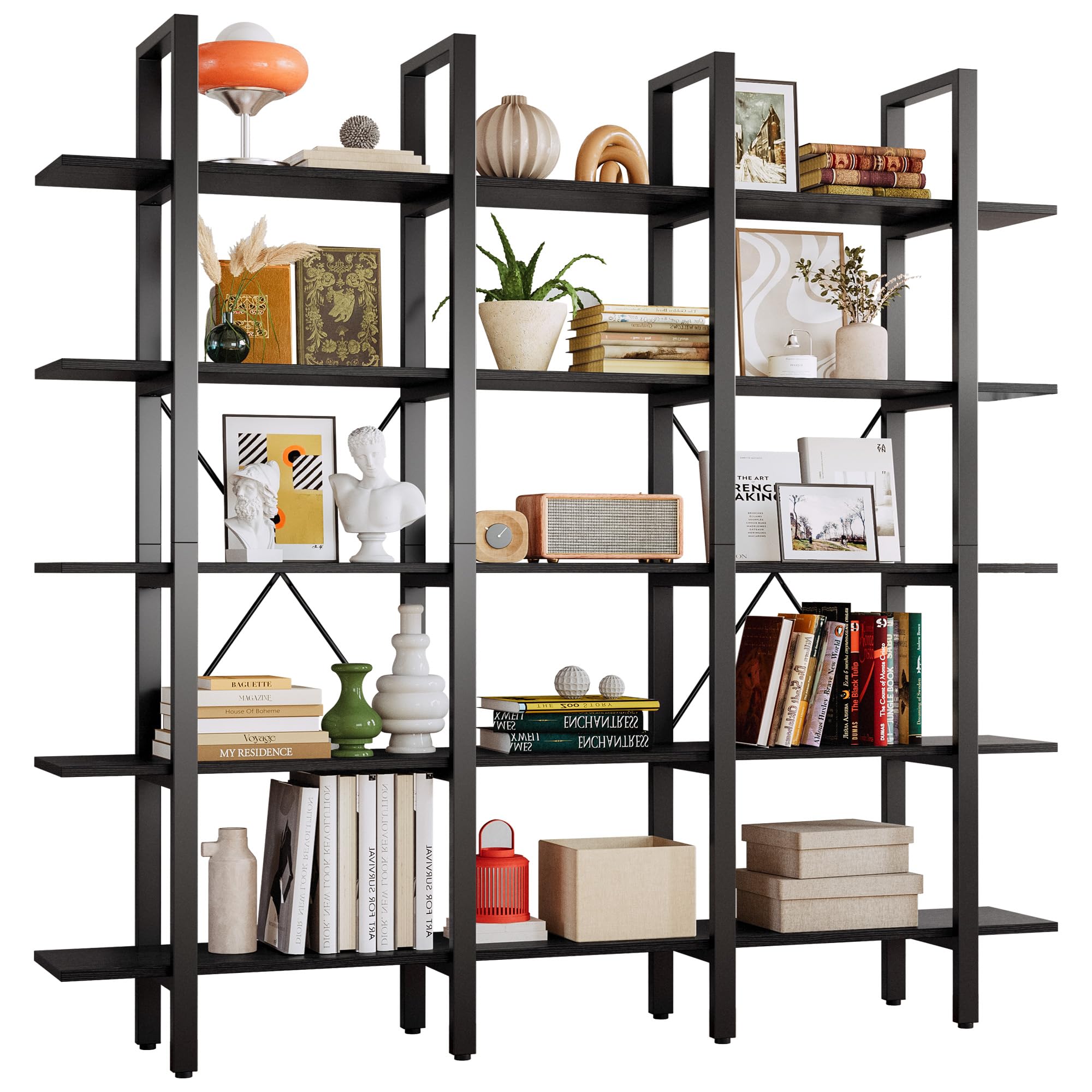 5-Tier Wide Open Bookcase with Metal Frame