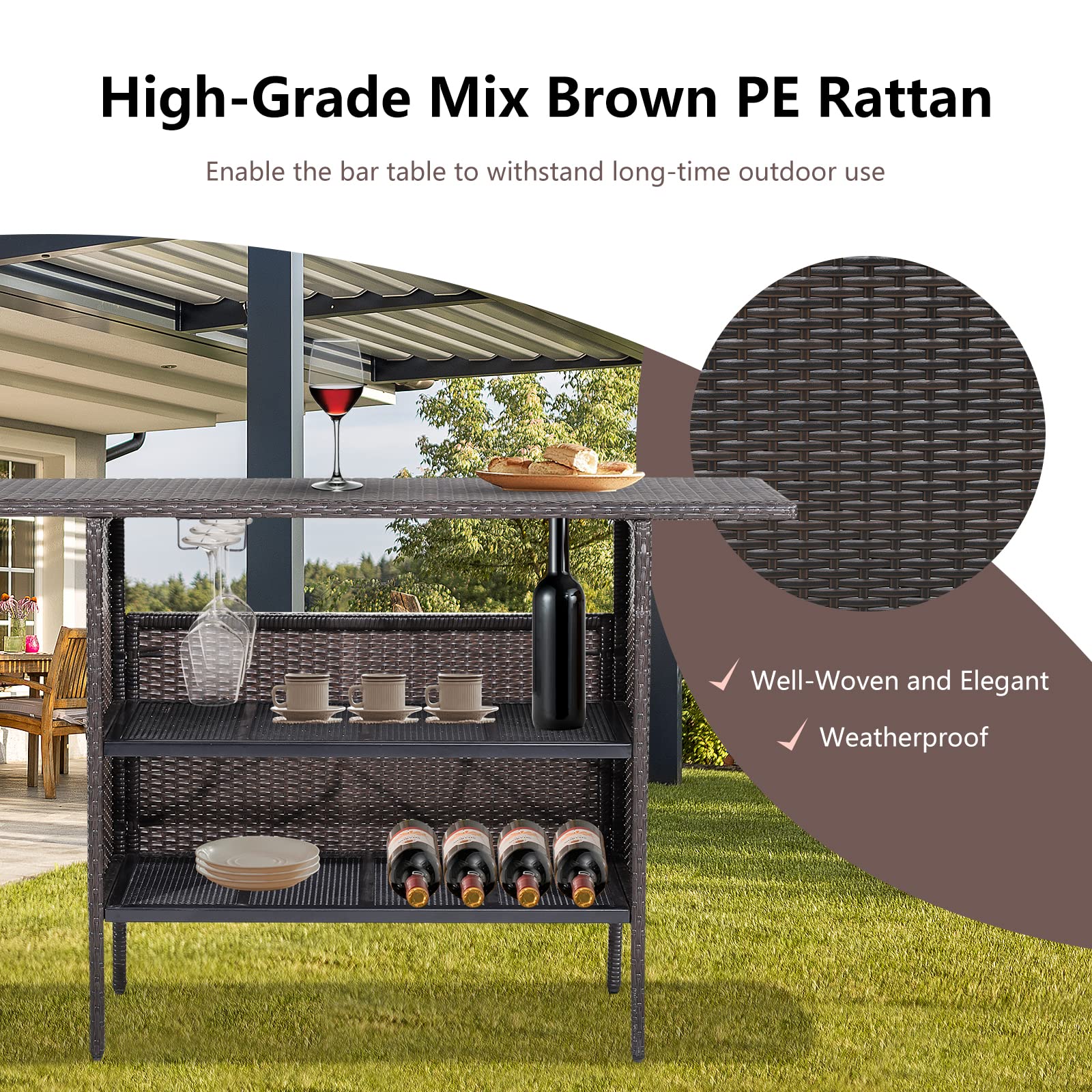 Tangkula Outdoor Wicker Bar Table, Patiojoy All Weather Patio Bar Height Table with 2 Metal Mesh Shelves & 2-Rail Steel Stemware Racks, Rattan Bar Counter Table for Backyard, Poolside (Mix Brown)