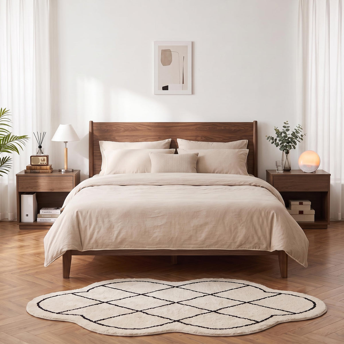 HIPIHOM 31.5" Wide Walnut Nightstand with Drawer and Open Shelf for Bedroom