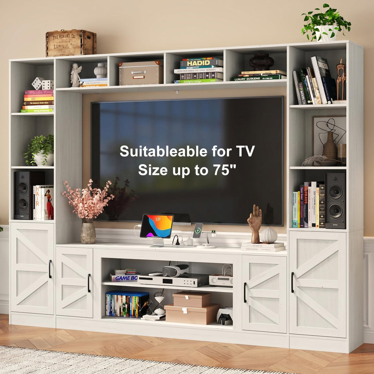 103" TV Stand for TVs up to 75", Wall Unit Multifunctional Entertainment Center with Storage & Bookshelves for Living Room, Farmhouse TV Cabinet with Power Outlets, Media Cabinet with Storage Shelves